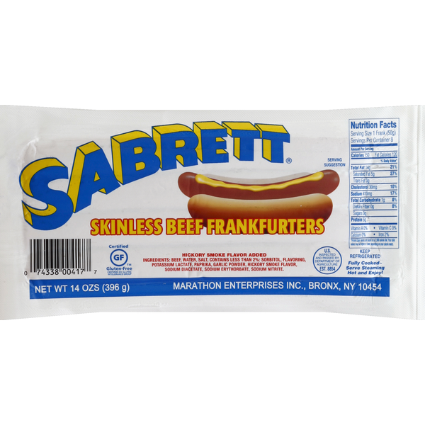 Hot Dogs, Bacon & Sausage Sabrett Skinless Beef Fankfurters hero