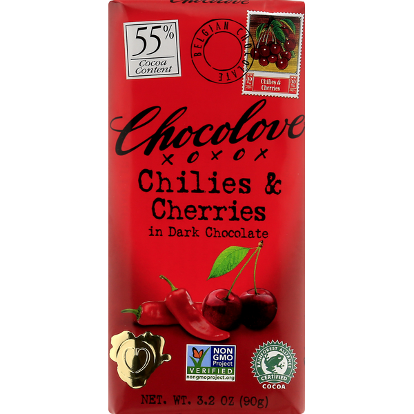 Candy & Chocolate Chocolove Dark Chocolate, Chilies & Cherries, 55% Cocoa hero