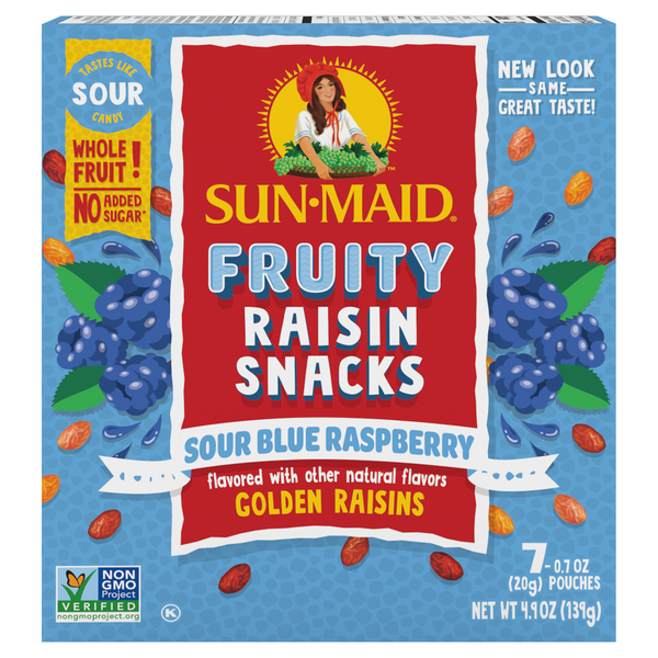 Nuts, Seeds & Dried Fruit Sun-Maid Fruity Raisin Snacks Sour Blue Raspberry Pouches hero