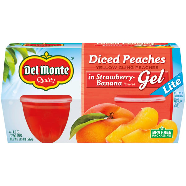 Canned Fruit & Applesauce Del Monte Diced Peaches in Strawberry Banana Flavored Gel Plastic Fruit Cup Snacks hero