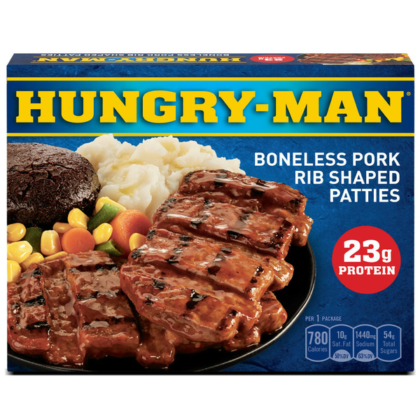 Frozen Meals Hungry-Man Boneless Pork Rib Shaped Patties Frozen Dinner hero