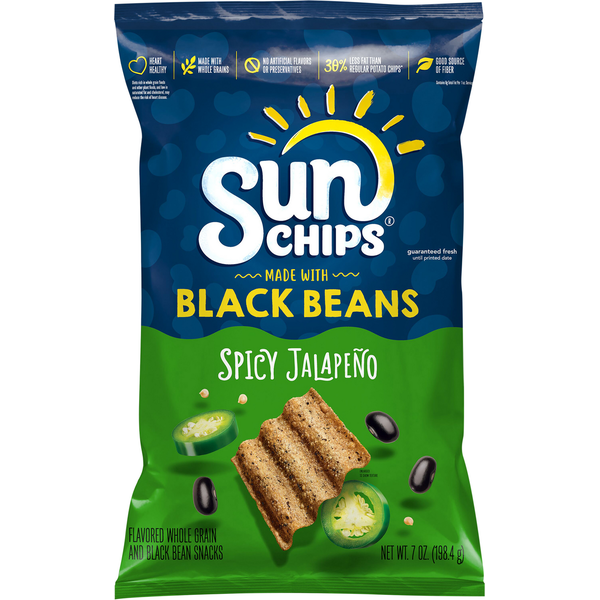 Chips & Pretzels Sun Chips Whole Grain and Black Bean Snacks, Spicy Jalapeno hero