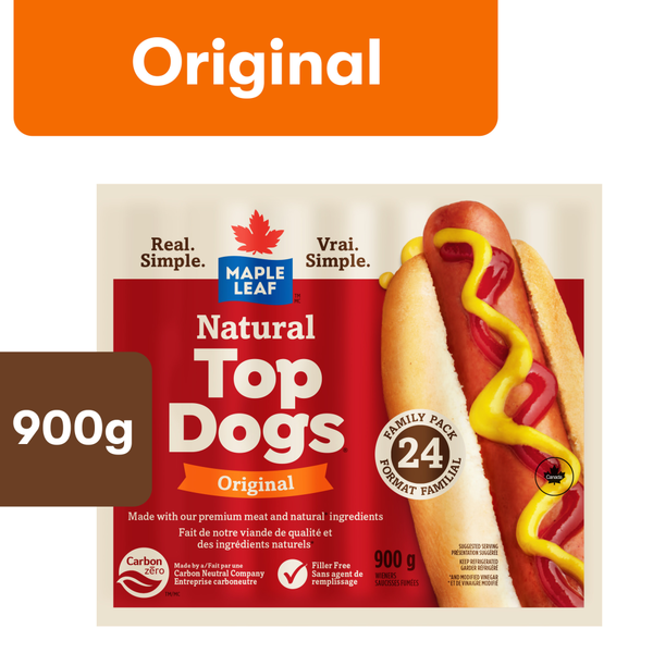 Hot Dogs, Bacon & Sausage Maple Leaf Natural Top Dogs Original Hot Dogs, Family Size hero