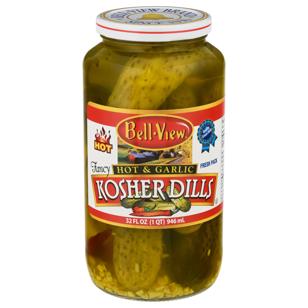 Pickled Goods & Olives Bell-View Kosher Dills, Hot & Garlic, Fancy hero