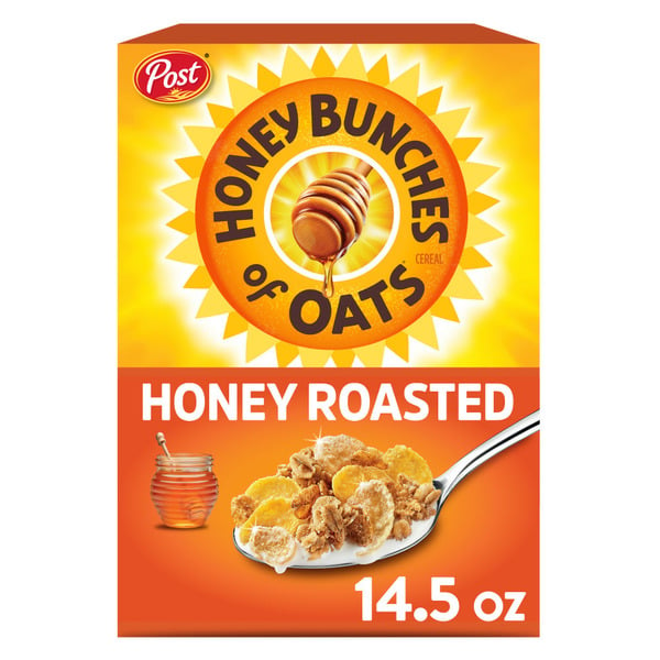 Cereal Honey Bunches of Oats Honey Roasted Breakfast Cereal, Whole Grain, Cereal Box hero