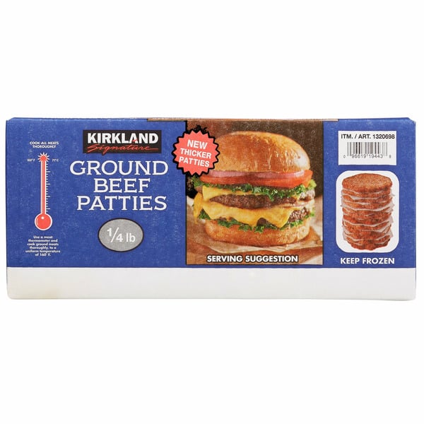 Frozen Meat & Seafood Kirkland Signature Ground Beef Patties, 40 x 1/4 lb hero