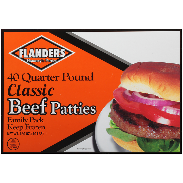 Frozen Meat & Seafood Flanders Homestyle 40 Quarter Pound Classic Beef Patties hero