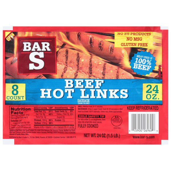 Hot Dogs, Bacon & Sausage Bar-S Sausage, Beef, Hot Links hero