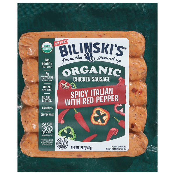 Hot Dogs, Bacon & Sausage Bilinski's Chicken Sausage, Organic, Spicy Italian with Red Pepper hero