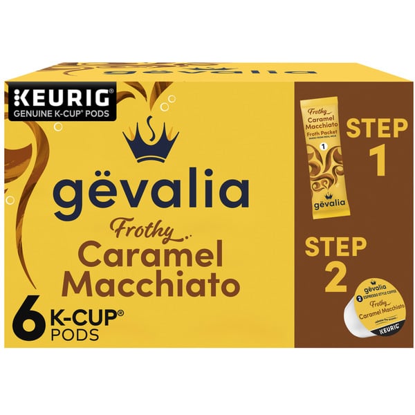 Coffee Gevalia Frothy 2-Step Caramel Macchiato Espresso Coffee Pods & Froth Packets Kit hero