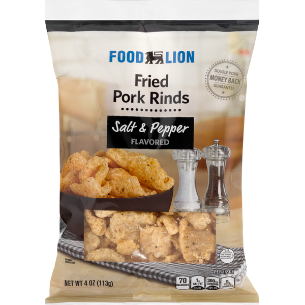 Chips & Pretzels Food Lion Pork Rinds, Salt & Pepper Flavored, Fried hero