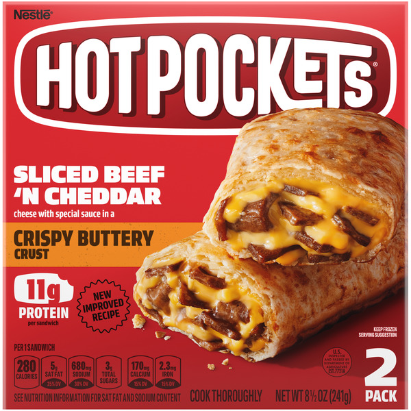 Frozen Meals Hot Pockets Frozen Snack Drive Thru Menu Style Sliced Beef 'N Cheddar Frozen Sandwiches hero