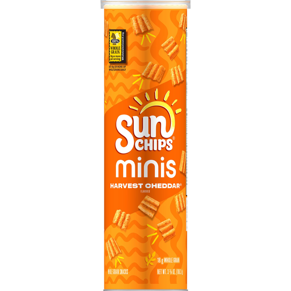 Chips & Pretzels Sun Chips Snacks, Whole Grain, Minis, Harvest Cheddar Flavored hero