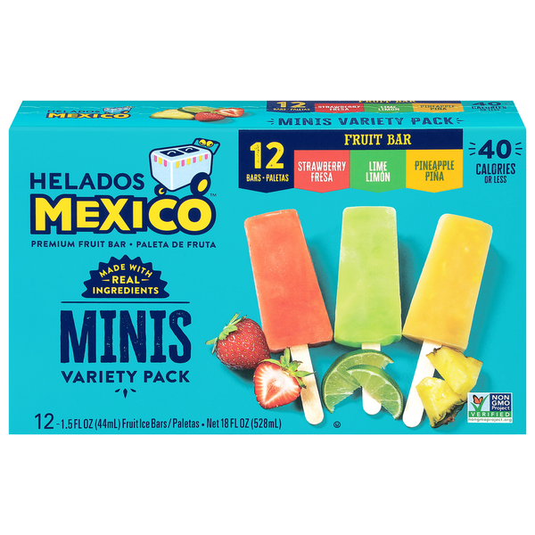 Ice Cream & Ice Helados Mexico Fruit Ice Bars, Premium, Strawberry/Lime/Pineapple, Minis, Variety Pack hero