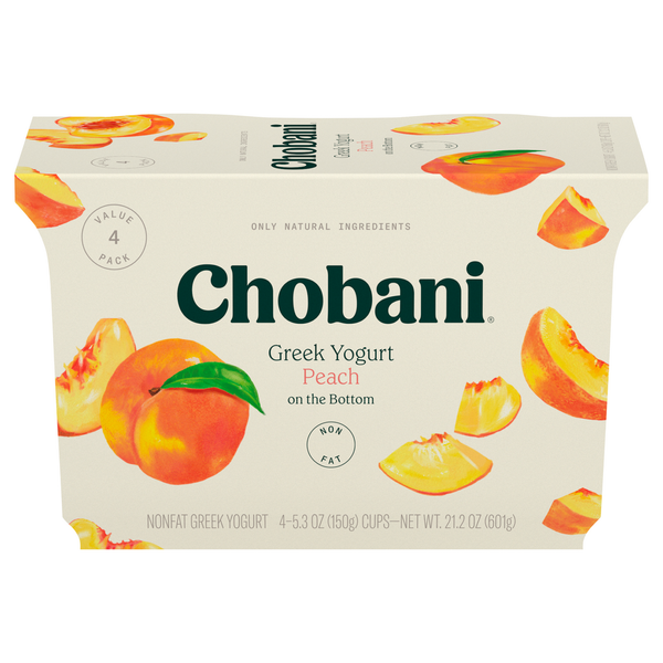 Yogurt Chobani Yogurt, Greek, Nonfat, Peach on the Bottom, Value 4 Pack hero