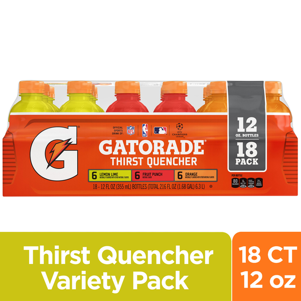 Energy & Sports Drinks Gatorade Thirst Quencher, Lemon Lime, Fruit Punch, Orange, 18 Pack hero