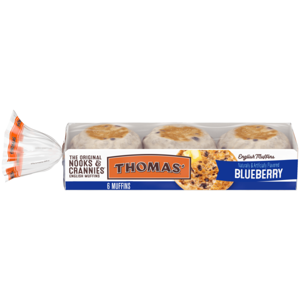 Breakfast Bakery Thomas’ Nooks & Crannies, 6 count, Blueberry English Muffins hero