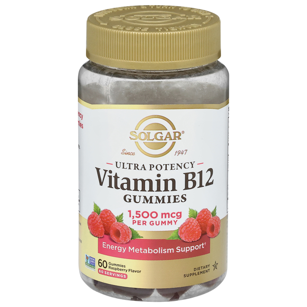 Vitamins & Supplements Solgar Vitamin B12, Ultra Potency, 1,500 mcg, Gummies, Raspberry Flavor hero