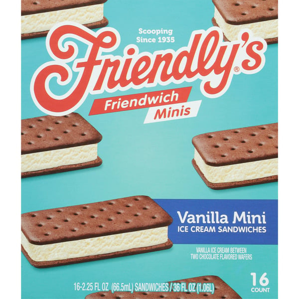 Ice Cream & Ice Friendly's Ice Cream Sandwiches Mini Vanilla 2.25 Fluid Ounce 16 Pack hero