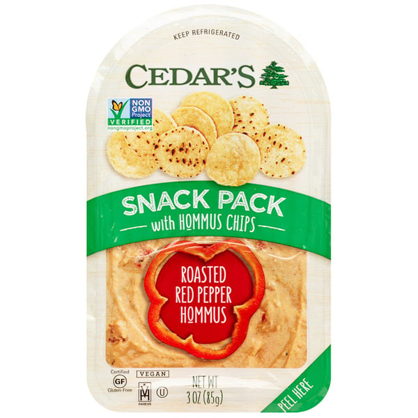 Cedar's Foods Roasted Red Pepper Hommus with Chips Snack Pack hero