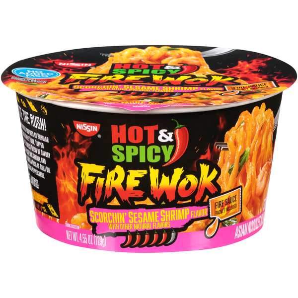 Nissin Hot & Spicy Fire Wok Scorchin' Sesame Shrimp Flavor Stir Fry Asian Noodles hero