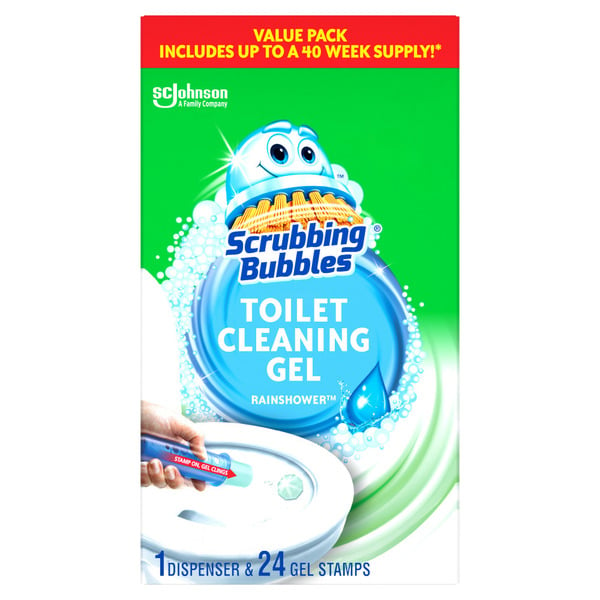 Cleaning Products Scrubbing Bubbles Fresh Gel Toilet Cleaning Stamp Dispenser with 24 Gel Stamps, Rainshower Scent hero