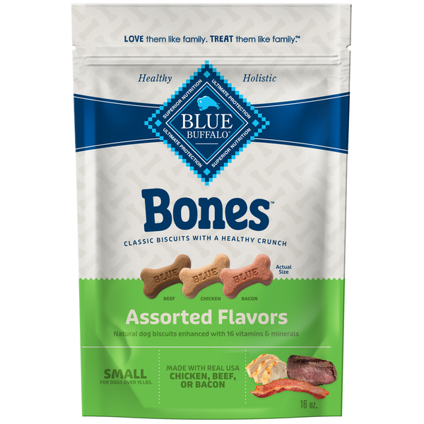 Dog Food & Care Blue Buffalo Bones Natural Crunchy Dog Treats, Small Dog Biscuits, Beef, Chicken or Bacon hero