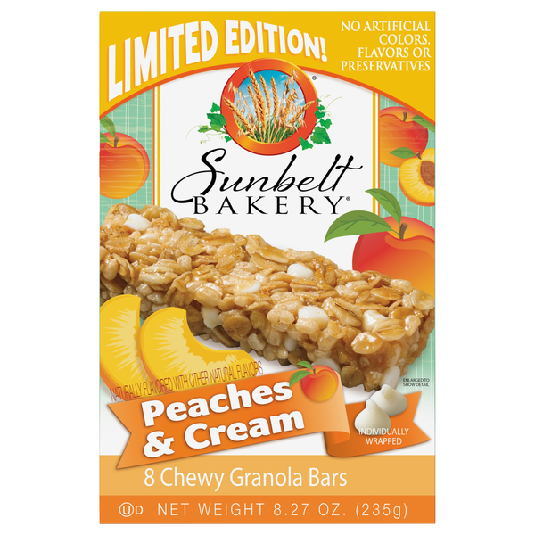 Breakfast Bars & Pastries Sunbelt Bakery Granola Bars, Chewy, Peaches & Cream hero