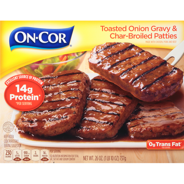 Frozen Meals On‑Cor Toasted Onion Gravy & Char-Broiled Patties hero