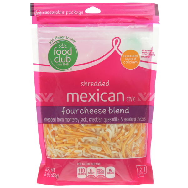 Packaged Cheese Food Club Mexican Style Four Cheese Blend Monterey Jack, Cheddar, Quesadilla & Asadero Finely Shredded Cheeses hero