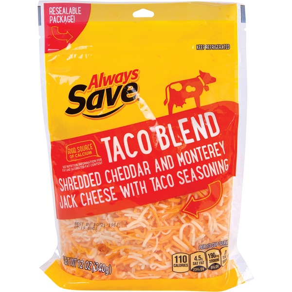 Prepared Meals Always Save Taco Blend Shredded Cheddar And Monterey Jack Cheese With Taco Seasoning hero