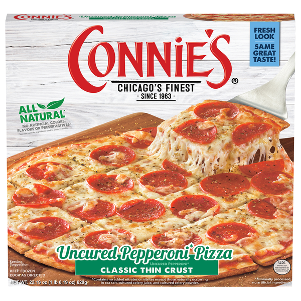 Frozen Pizza Connie's Pizza Pizza, Classic Thin Crust, Uncured Pepperoni hero