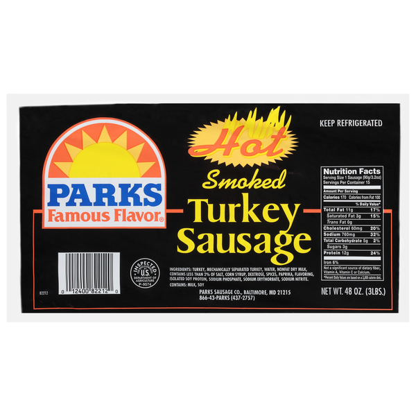 Hot Dogs, Bacon & Sausage Parks Famous Flavor Turkey Sausage, Smoked, Hot hero