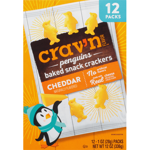 Crackers Crav'n Flavor Baked Snack Crackers, Cheddar, Penguins, 12 Packs hero