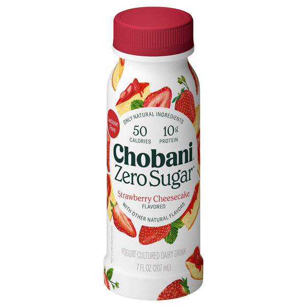 Chobani Dairy Drink, Yogurt-Cultured, Zero Sugar, Strawberry Cheesecake Flavored hero