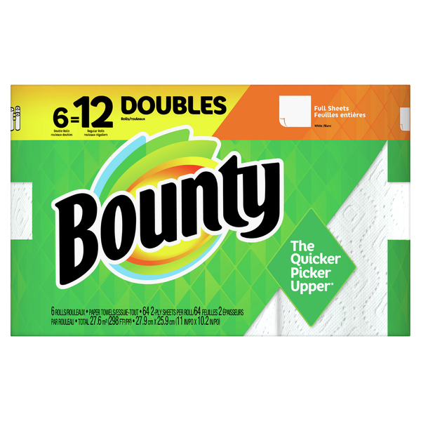 More Household Bounty Paper Towels, White, 6 Double Rolls = 12 Regular Rolls hero