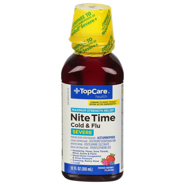 Cold, Flu & Allergy TopCare Cold & Flu, Maximum Strength Relief, Severe, NiteTime, Mixed Berry Flavor hero