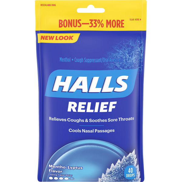 Cold, Flu & Allergy Halls Relief Mentho Lyptus Cough Suppressant Oral Anesthetic Menthol Drops hero