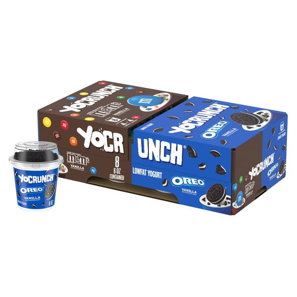 Yogurt YoCrunch Low Fat Yogurt Variety Pack, Vanilla Yogurt with M&Ms(R) and OREO(R) Cookie Pieces, 6 oz, 8 Pack hero