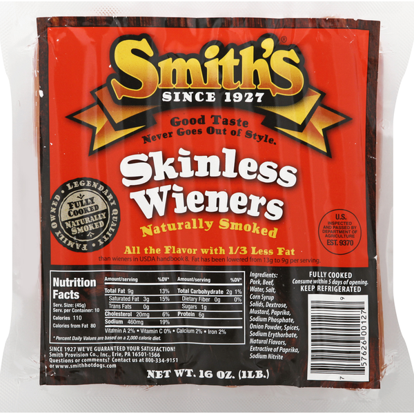 Hot Dogs, Bacon & Sausage Smiths Wieners, Skinless hero