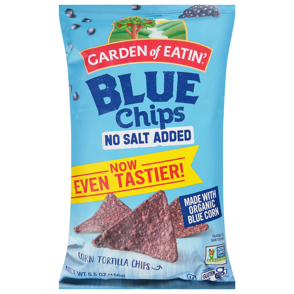 Chips & Pretzels Garden of Eatin' Corn Tortilla Chips, No Salt Added, Blue hero