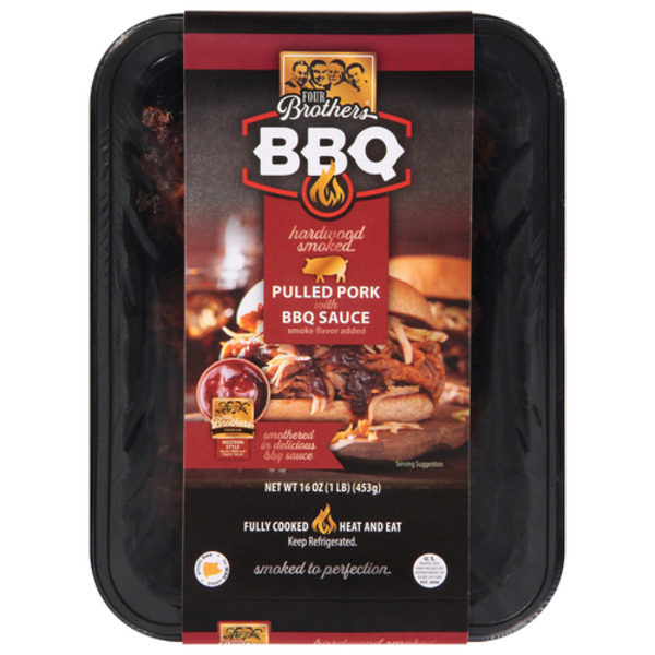 Packaged Meat Four Brothers BBQ Smoked Fully Cooked Pulled Pork With Sauce hero