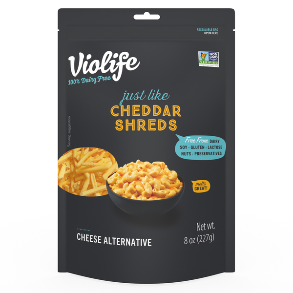 Dairy Alternatives Violife Just Like Cheddar Shreds Shredded Cheese, Dairy-Free Vegan hero