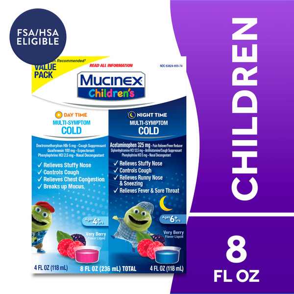 Cough & Cold Medicine Mucinex Cold & Cough, Children's Multi-Symptom Day/Night Liquid, Very Berry (2x4oz) hero