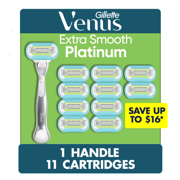 Shave Needs Gillette Venus Platinum Extra Smooth Metal Handle Women's Razor - 1 Handle + 11 Refills hero