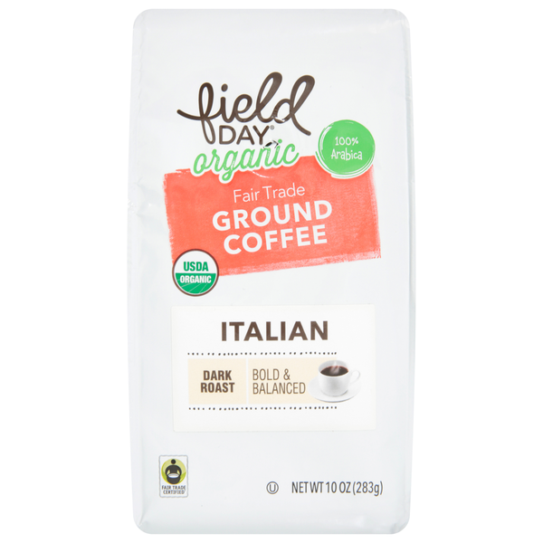 Coffee FIELD DAY Coffee, Organic, Ground, Dark Roast, 100% Arabica, Italian hero