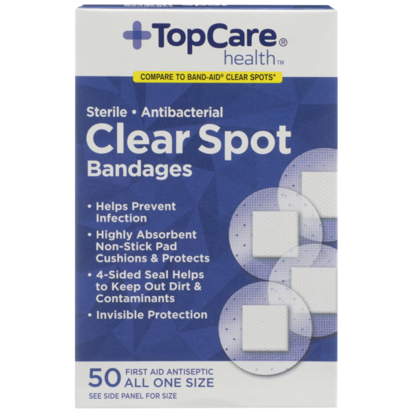 Facial Care TopCare Antibacterial First Aid Antiseptic All One Size Spot Bandages, Clear hero