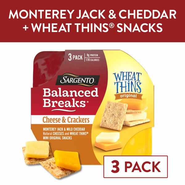 Packaged Cheese Sargento Cheese & Crackers, Monterey Jack & Mild Cheddar, Wheat Thins, Original, 3 Pack hero