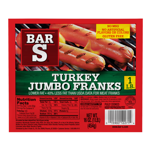 Hot Dogs, Bacon & Sausage Bar-S Turkey Jumbo Franks Hot Dogs hero