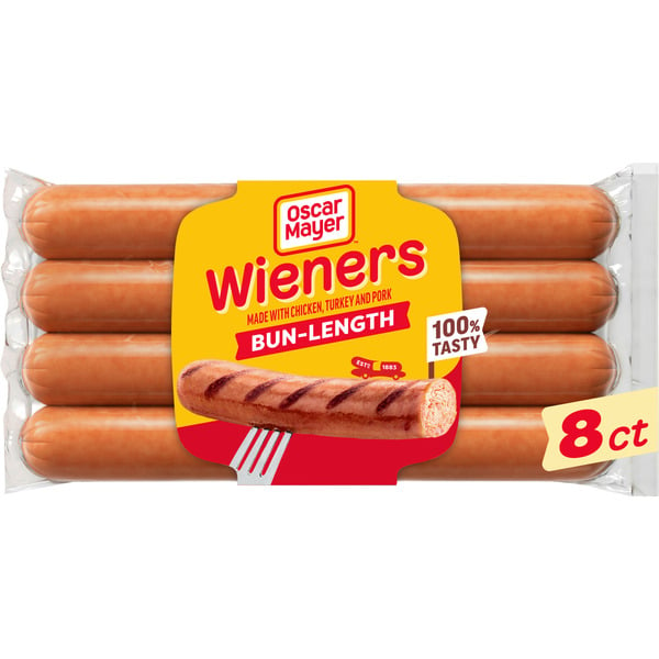 Hot Dogs, Bacon & Cold Sausage Oscar Mayer Bun-Length Wieners Hot Dogs hero